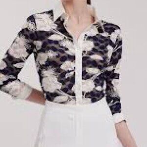 NWT Anne Fontaine Vaxy Navy And White Floral Lace Poplin 3/4 Sleeve Shirt